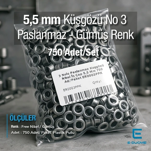 7/32" Eyelet Stainless Free Nickel Inner Diameter 5.5 mm 750 Pcs/Pack ER0003PPK