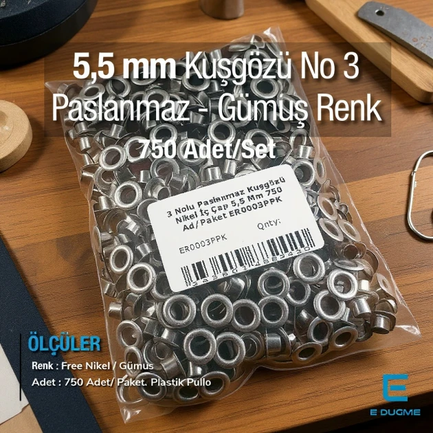 7/32" Eyelet Stainless Free Nickel Inner Diameter 5.5 mm 750 Pcs/Pack ER0003PPK