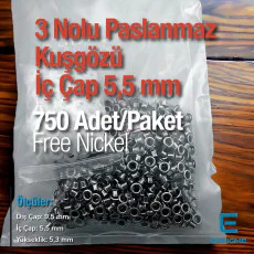 Paslanmaz 3 Nolu Kuşgözü İç Çap 5,5 mm 1000 Ad/Paket ER0003PPK