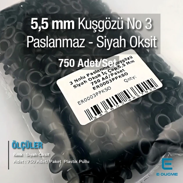 5,5 mm Kuşgözü Paslanmaz 3 No Siyah Oksit 750 Ad/Paket ER0003PPKSO