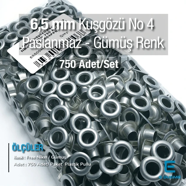 6,5 mm Kuşgözü Paslanmaz 4 Nolu Free Nikel 750 Ad/Paket ER0004PPK