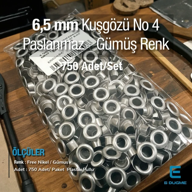 6,5 mm Kuşgözü Paslanmaz 4 Nolu Free Nikel 750 Ad/Paket ER0004PPK