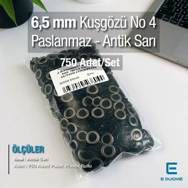 6,5 Kuşgözü Antik Sarı 4 No Paslanmaz 750 Ad/Paket ER0004PPKAS
