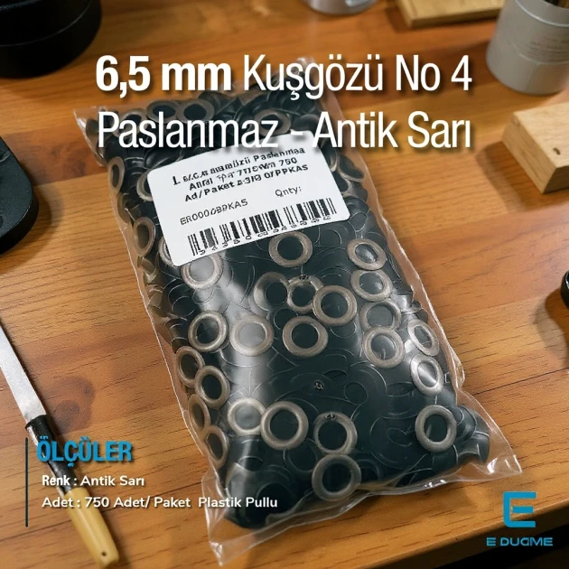 6,5 Kuşgözü Antik Sarı 4 No Paslanmaz 750 Ad/Paket ER0004PPKAS