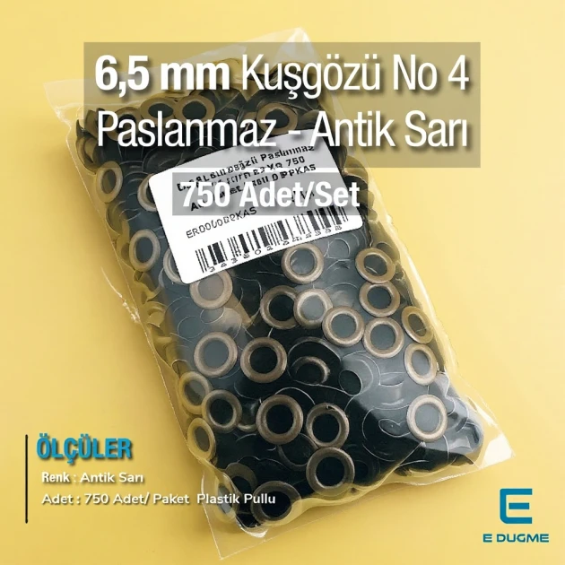 6,5 Kuşgözü Antik Sarı 4 No Paslanmaz 750 Ad/Paket ER0004PPKAS