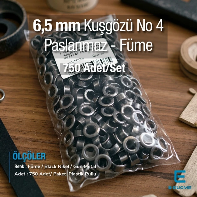 6,5 mm Kuşgözü Füme 4 No Paslanmaz 6,5 mm 750 Ad/Paket ER0004PPKBN