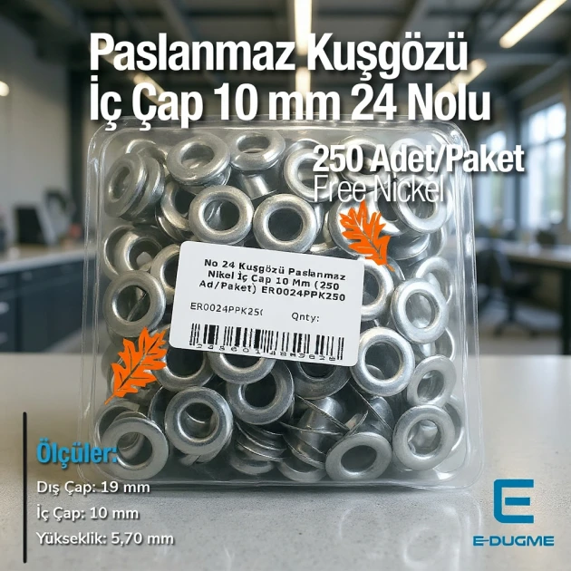 Paslanmaz Kuşgözü No 24 Çelik İç Çap 10 mm (250 Ad/Paket) ER0024PPK