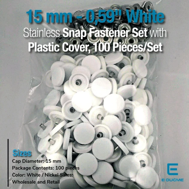 Plastic 15 mm - 0,59" White Snap Fastener with Cap 100 pieces/pack ERC0015PWHT