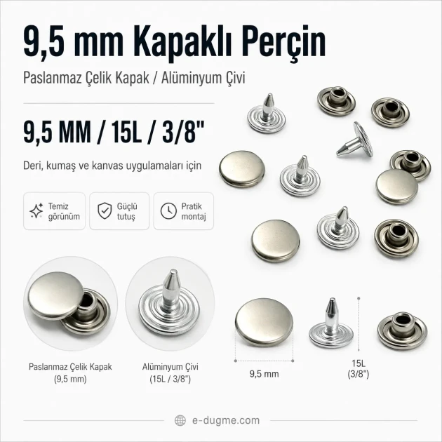 33.5 Pin Rivet 9.5 mm (0.37") Stainless Steel Cap with Aluminum Pin for Leather, Fabric, and Canvas Applications