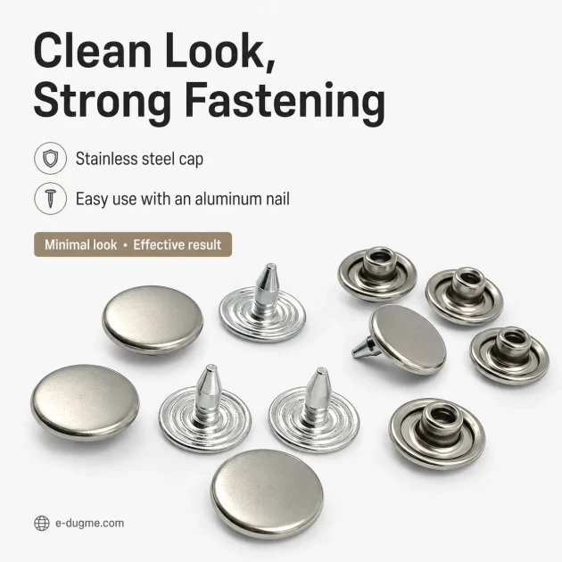 33.5 Pin Rivet 9.5 mm (0.37") Stainless Steel Cap with Aluminum Pin for Leather, Fabric, and Canvas Applications
