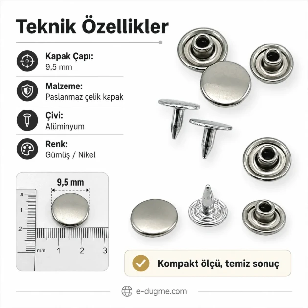 33.5 Pin Rivet 9.5 mm (0.37") Stainless Steel Cap with Aluminum Pin for Leather, Fabric, and Canvas Applications
