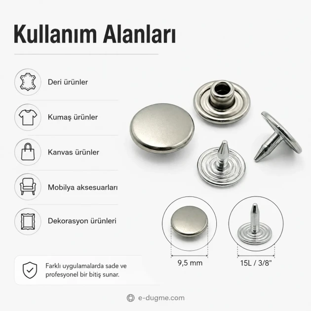 33.5 Pin Rivet 9.5 mm (0.37") Stainless Steel Cap with Aluminum Pin for Leather, Fabric, and Canvas Applications