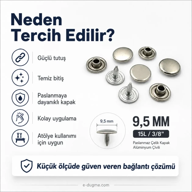 33.5 Pin Rivet 9.5 mm (0.37") Stainless Steel Cap with Aluminum Pin for Leather, Fabric, and Canvas Applications