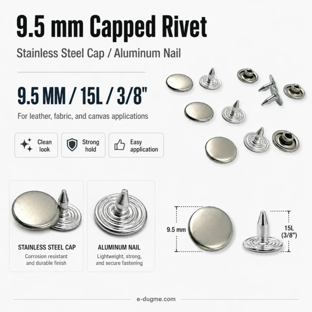 33.5 Pin Rivet 9.5 mm (0.37") Stainless Steel Cap with Aluminum Pin for Leather, Fabric, and Canvas Applications