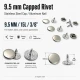 33.5 Pin Rivet 9.5 mm (0.37") Stainless Steel Cap with Aluminum Pin for Leather, Fabric, and Canvas Applications