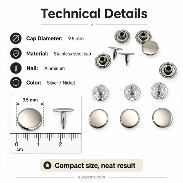 33.5 Pin Rivet 9.5 mm (0.37") Stainless Steel Cap with Aluminum Pin for Leather, Fabric, and Canvas Applications