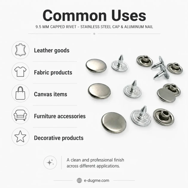 33.5 Pin Rivet 9.5 mm (0.37") Stainless Steel Cap with Aluminum Pin for Leather, Fabric, and Canvas Applications