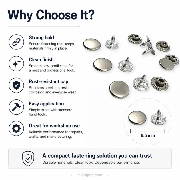 33.5 Pin Rivet 9.5 mm (0.37") Stainless Steel Cap with Aluminum Pin for Leather, Fabric, and Canvas Applications