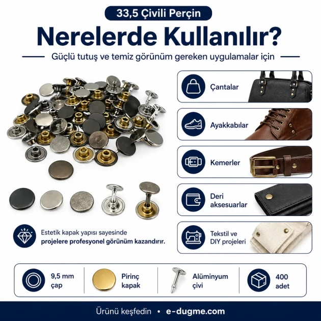 33.5 Pin Rivet 9.5 mm (0.37") Brass Cap Aluminum Nail Rivet for bags, leather goods, and textile accessories
