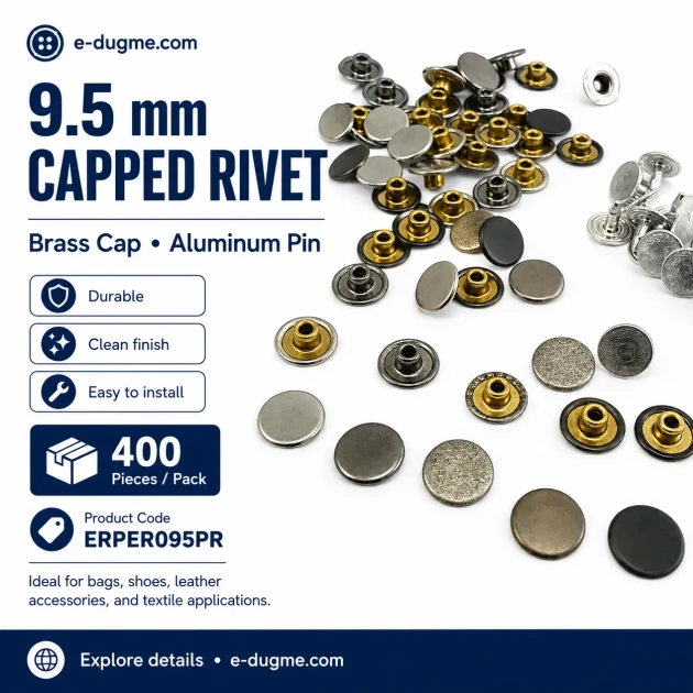 33.5 Pin Rivet 9.5 mm (0.37") Brass Cap Aluminum Nail Rivet for bags, leather goods, and textile accessories