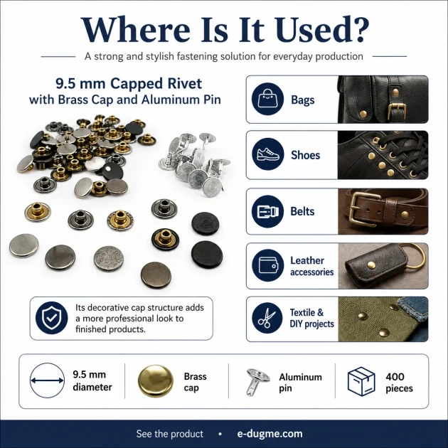 33.5 Pin Rivet 9.5 mm (0.37") Brass Cap Aluminum Nail Rivet for bags, leather goods, and textile accessories