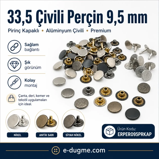 33.5 Pin Rivet with 9.5 mm Brass Cap and Aluminum Pin for Bags and Leather Goods