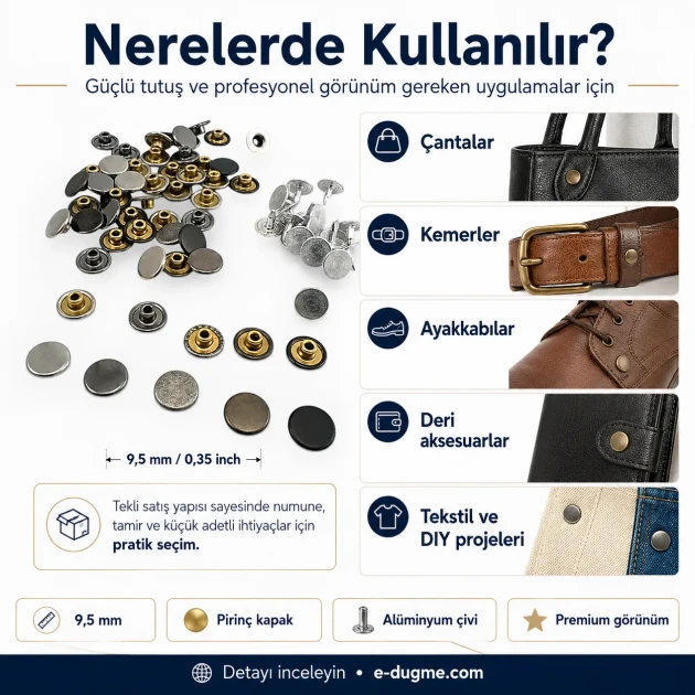 33.5 Pin Rivet with 9.5 mm Brass Cap and Aluminum Pin for Bags and Leather Goods