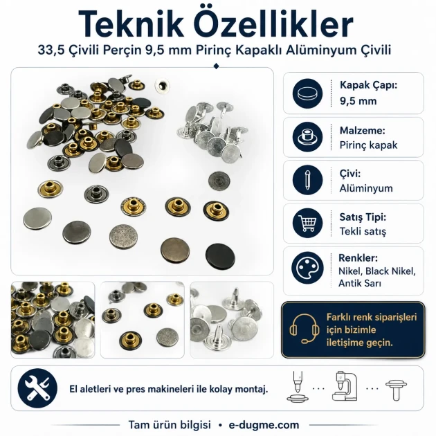 33.5 Pin Rivet with 9.5 mm Brass Cap and Aluminum Pin for Bags and Leather Goods