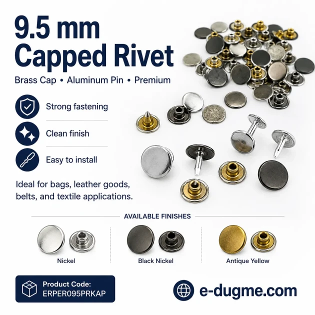 33.5 Pin Rivet with 9.5 mm Brass Cap and Aluminum Pin for Bags and Leather Goods