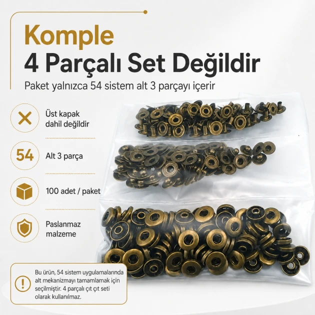 Antique Brass Color Stainless 54 System Lower 3 Parts, 100 pcs/Pack - Ideal for snap fastener applications in coats, bags