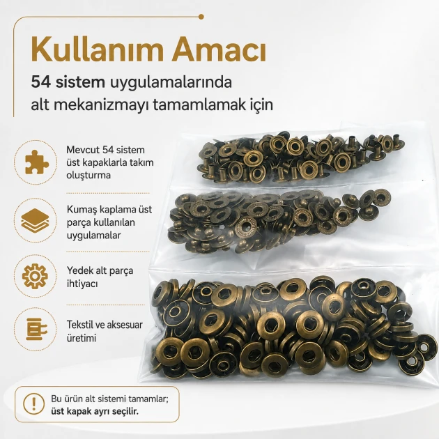 Antique Brass Color Stainless 54 System Lower 3 Parts, 100 pcs/Pack - Ideal for snap fastener applications in coats, bags