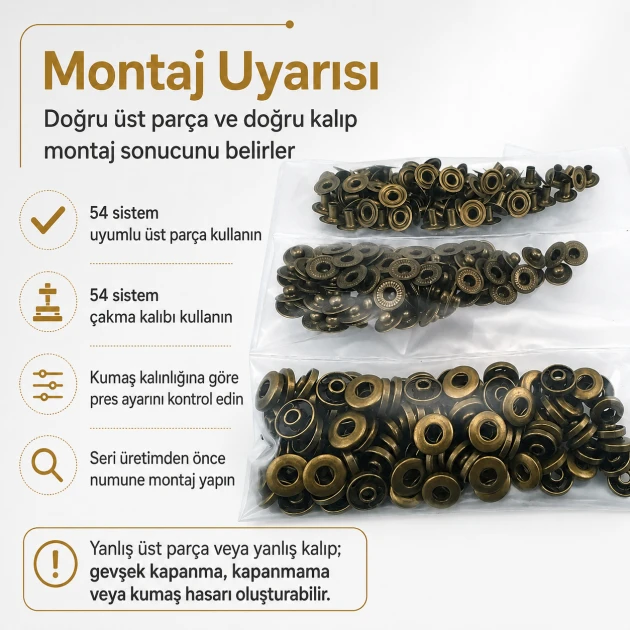 Antique Brass Color Stainless 54 System Lower 3 Parts, 100 pcs/Pack - Ideal for snap fastener applications in coats, bags