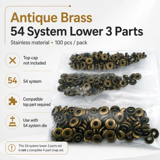 Antique Brass Color Stainless 54 System Lower 3 Parts, 100 pcs/Pack - Ideal for snap fastener applications in coats, bags