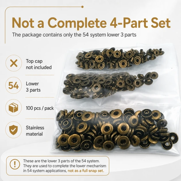 Antique Brass Color Stainless 54 System Lower 3 Parts, 100 pcs/Pack - Ideal for snap fastener applications in coats, bags