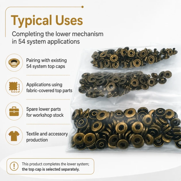 Antique Brass Color Stainless 54 System Lower 3 Parts, 100 pcs/Pack - Ideal for snap fastener applications in coats, bags