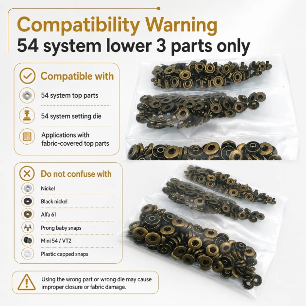 Antique Brass Color Stainless 54 System Lower 3 Parts, 100 pcs/Pack - Ideal for snap fastener applications in coats, bags