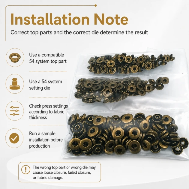 Antique Brass Color Stainless 54 System Lower 3 Parts, 100 pcs/Pack - Ideal for snap fastener applications in coats, bags