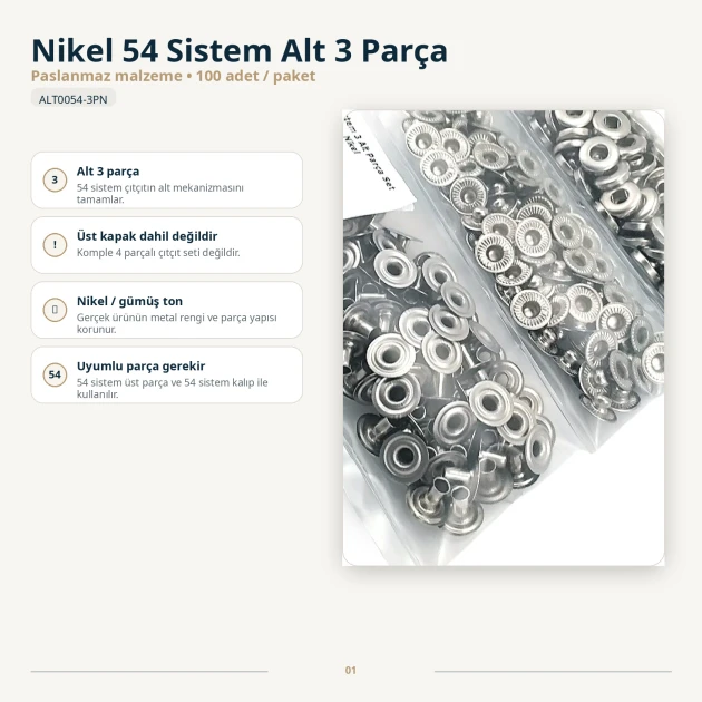 Black Nickel Stainless 54 System Lower 3 Parts - 100 pcs Pack for Snap Fasteners in Coats, Jackets, Bags and More