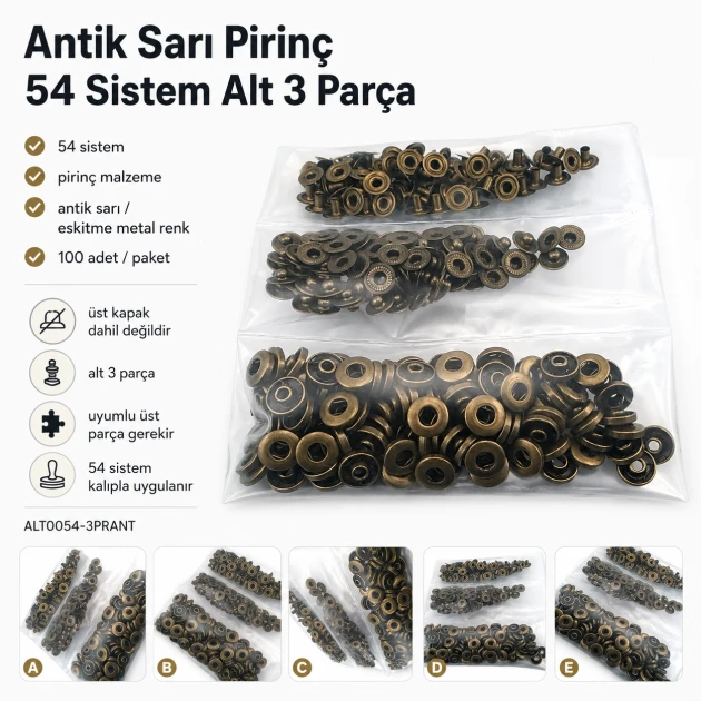 Antique Brass Color Brass 54 System Lower 3 Parts, 100 pcs/Pack for snap fastener applications, black oxide finish, suitable