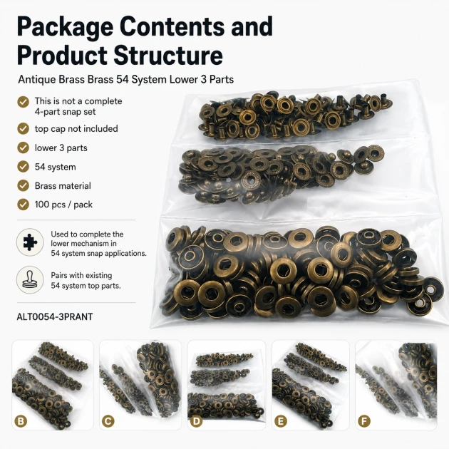Antique Brass Color Brass 54 System Lower 3 Parts, 100 pcs/Pack for snap fastener applications, black oxide finish, suitable
