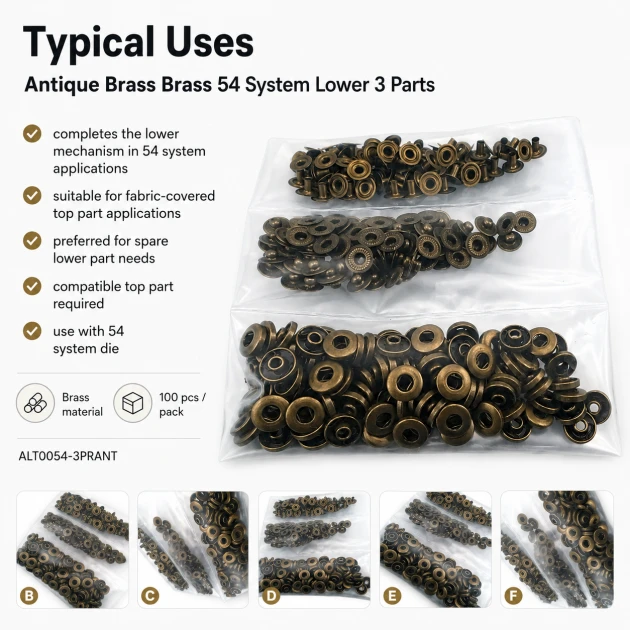 Antique Brass Color Brass 54 System Lower 3 Parts, 100 pcs/Pack for snap fastener applications, black oxide finish, suitable