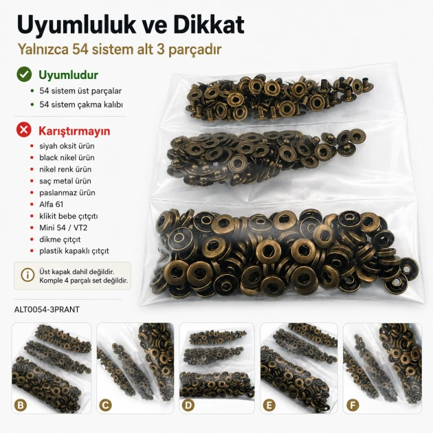 Antique Brass Color Brass 54 System Lower 3 Parts, 100 pcs/Pack for snap fastener applications, black oxide finish, suitable