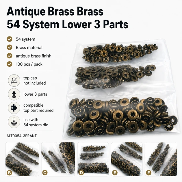Antique Brass Color Brass 54 System Lower 3 Parts, 100 pcs/Pack for snap fastener applications, black oxide finish, suitable