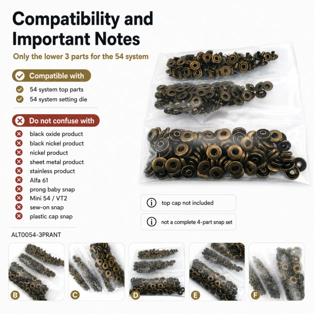 Antique Brass Color Brass 54 System Lower 3 Parts, 100 pcs/Pack for snap fastener applications, black oxide finish, suitable