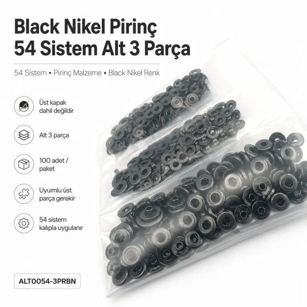 Black Nickel Color Brass 54 System Lower 3 Parts for Snap Fasteners, 100 pcs Pack