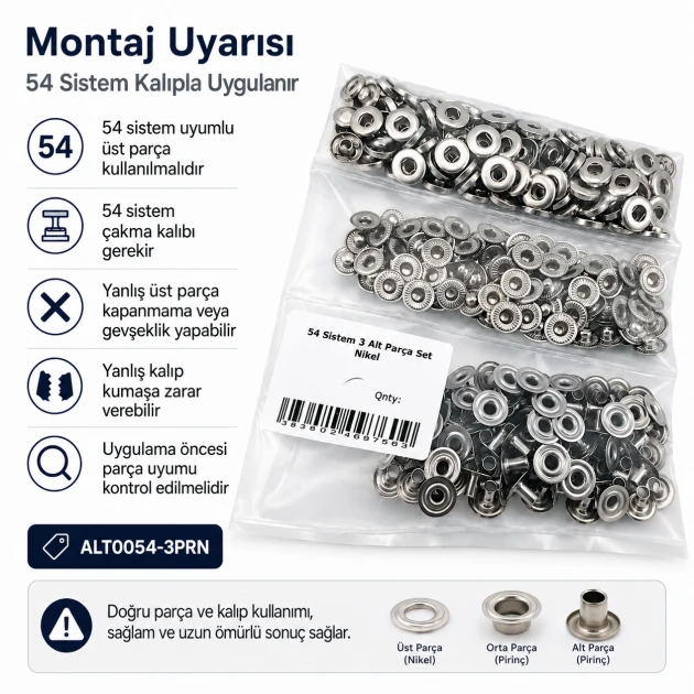 Nickel Color Brass 54 System Lower 3 Parts for Snap Fasteners, 100 pcs Pack, Durable Sheet Metal Components