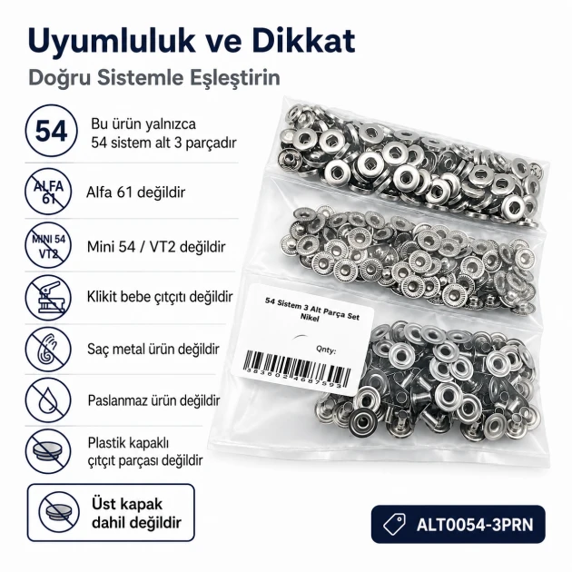 Nickel Color Brass 54 System Lower 3 Parts for Snap Fasteners, 100 pcs Pack, Durable Sheet Metal Components