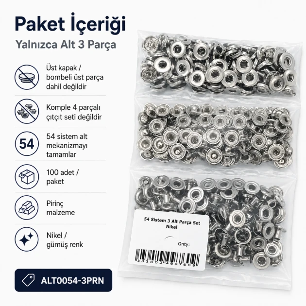 Nickel Color Brass 54 System Lower 3 Parts for Snap Fasteners, 100 pcs Pack, Durable Sheet Metal Components