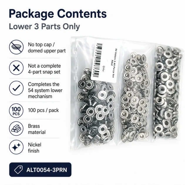 Nickel Color Brass 54 System Lower 3 Parts for Snap Fasteners, 100 pcs Pack, Durable Sheet Metal Components