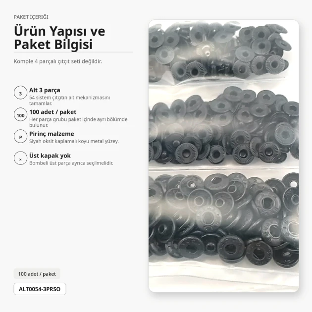 Black Oxide Color Brass 54 System Lower 3 Parts for Snap Fasteners, 100 pcs Pack